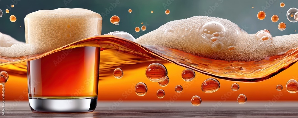 Macro shot of beer glass with foam and merging bubbles in orange light
