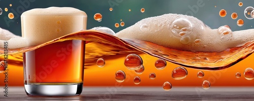 Obraz na płótnie Macro shot of beer glass with foam and merging bubbles in orange light w salonie