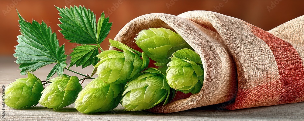 Macro view of harvested hops in rustic textile with vibrant green leaves