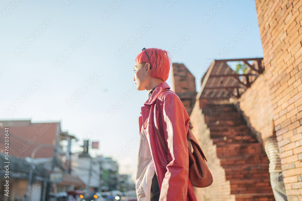 Fototapeta premium Gen z girl leather fashion with punk Asian woman tourist of local city Southeast Asia travel trendy pink hairstyle young female punk traveler walking around in town