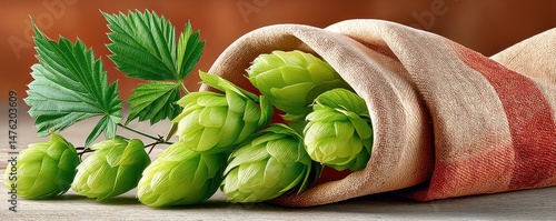Obraz na płótnie Macro view of harvested hops in rustic textile with vibrant green leaves w salonie