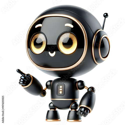 Cute 3D black robot AI with golden eyes pointing and looking up smiling in side view isolated on white background