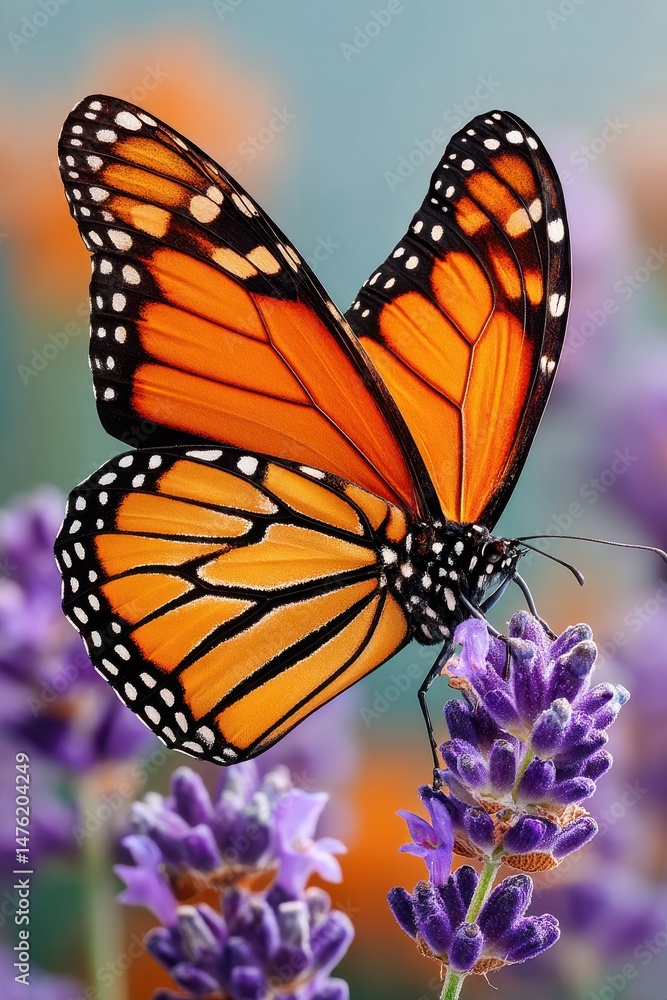 Vivid Monarch butterfly perched on lavender flowers against a blurred background