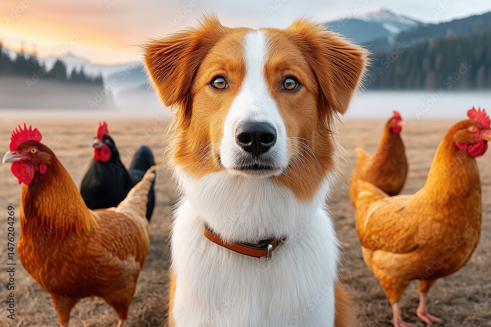 Farm dog amidst chickens on a misty sunrise rural landscape