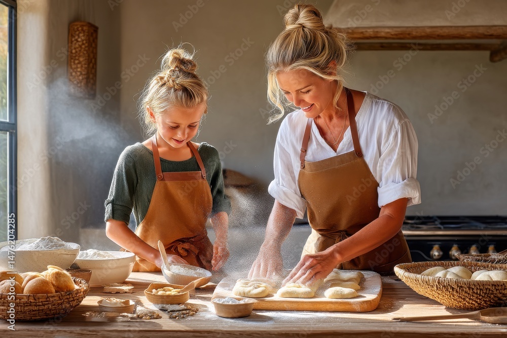 Mother and daughter happily baking bread together in a warm and cozy kitchen
