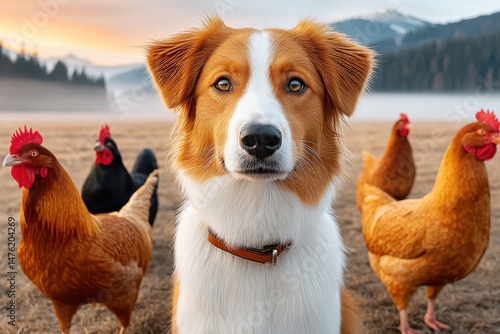 Obraz na płótnie Farm dog amidst chickens on a misty sunrise rural landscape w salonie