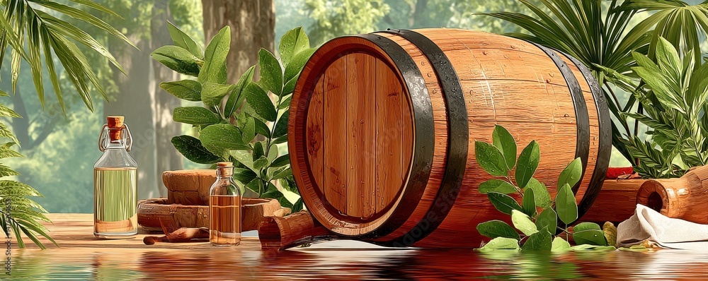 Rustic wooden barrel surrounded by nature with decorative elements and foliage