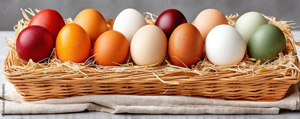 Colorful fresh eggs arranged in a straw basket on a beige napkin