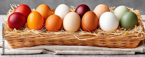 Obraz na płótnie Colorful fresh eggs arranged in a straw basket on a beige napkin w salonie