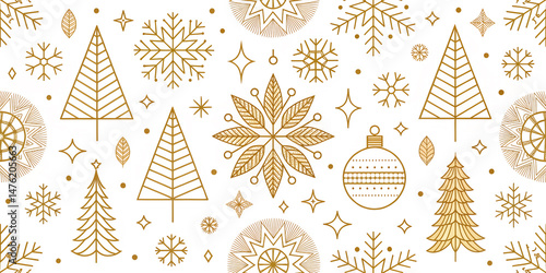 Seamless Christmas Tree and Snowflake Pattern with Gold Ornaments for Winter Holiday Illustration