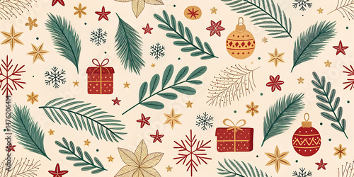 Intricate and Colorful Seamless Christmas Pattern with Ornaments, Snowflakes, and Evergreen Branches