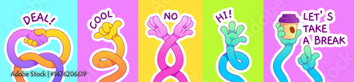 Flexible cartoon hands gestures set - handshake deal and cool sign, waving high five, crossed fingers meaning no, pointing hands with coffee cup saying let take break. Fun comic bright arm collection.