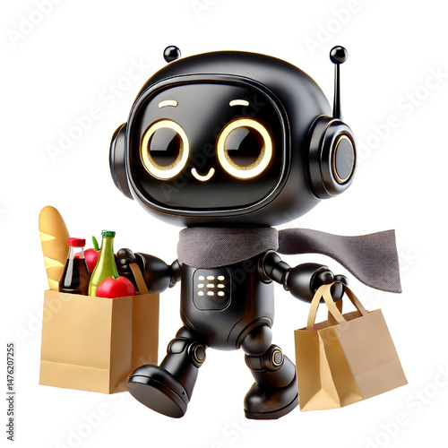 Cute 3D black robot with golden eyes carrying grocery bags and smiling in side view isolated on white background