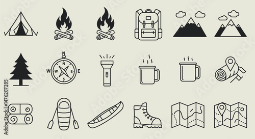 Minimalist Camping Icons: Tent, Campfire, Backpack & More