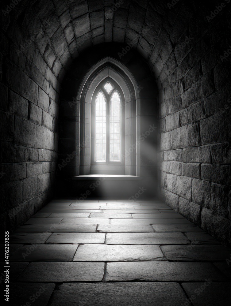 Fototapeta premium Light Through Gothic Window Illuminates Empty Stone Hallway in Black and White