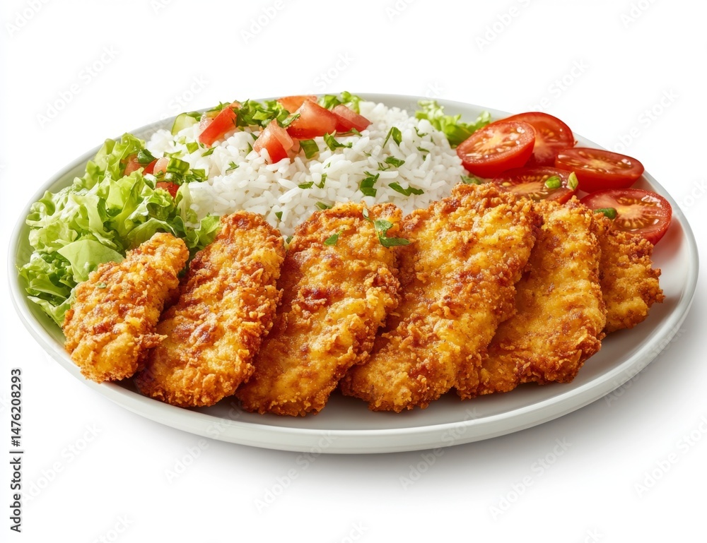 Crispy breaded chicken dish with rice and vegetables Crispy breaded chicken dish with rice and vegetables