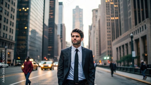 Wallpaper Mural A well-dressed man stands confidently in a busy urban street, flanked by towering skyscrapers and morning traffic. Torontodigital.ca