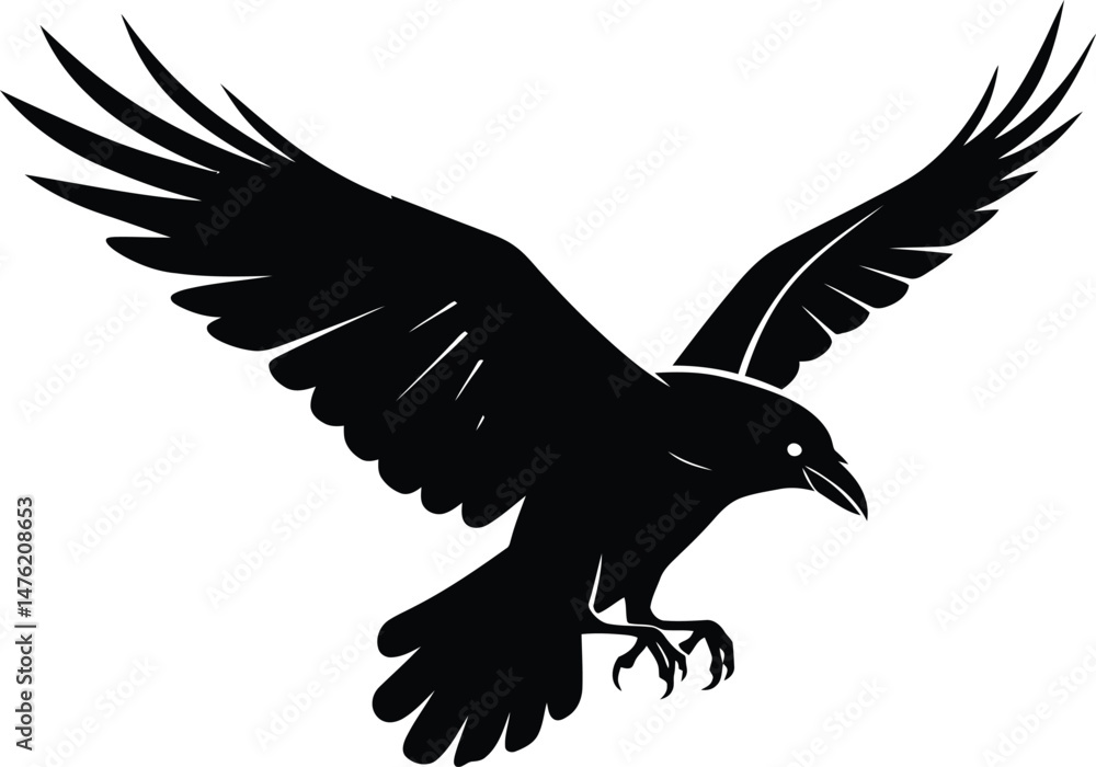 Fototapeta premium Stylized Crow in Flight, Black and White Vector Illustration