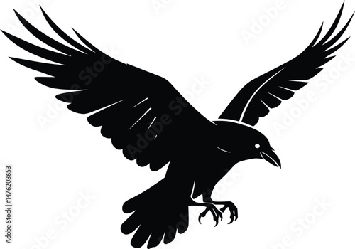 Stylized Crow in Flight, Black and White Vector Illustration