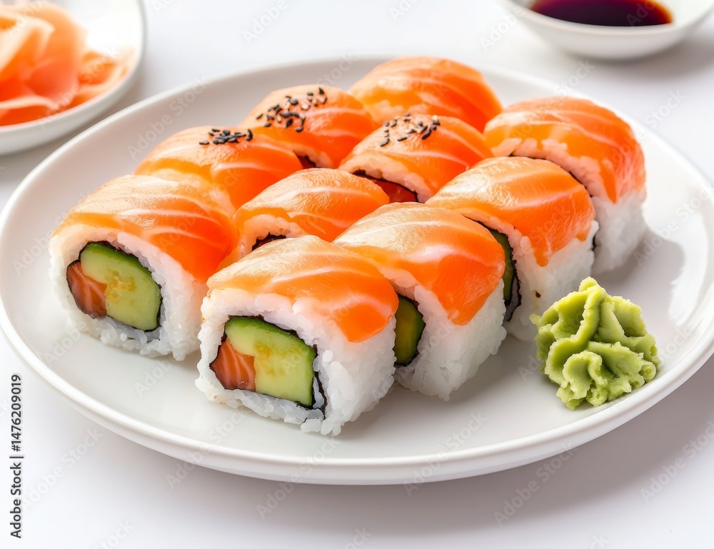 Fresh salmon sushi rolls on a plate Fresh salmon sushi rolls on a plate
