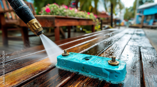 Wallpaper Mural close-up photograph of a black pressure washer nozzle cleaning a weathered wooden deck, removing grey grime and revealing the wood's natural color, Torontodigital.ca