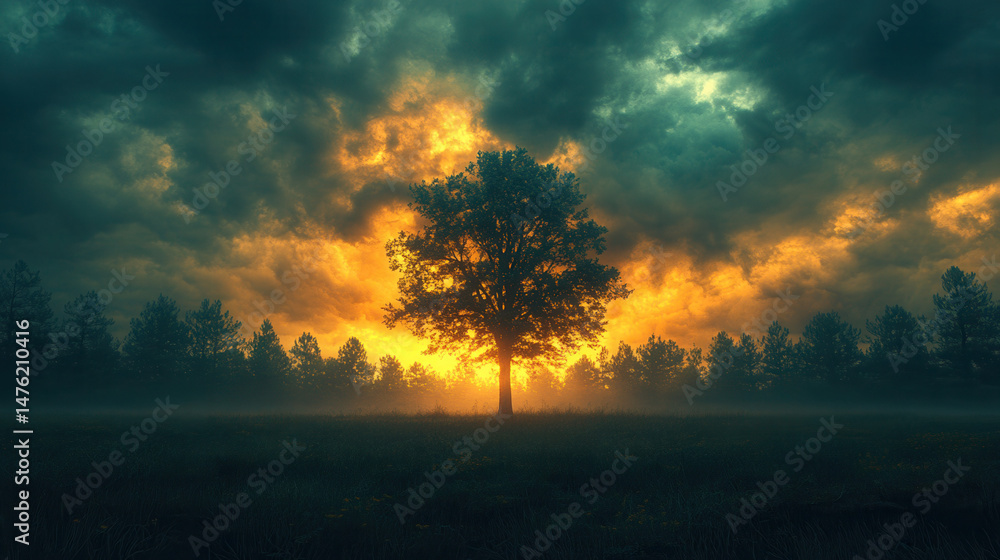 Naklejka premium vast forest with tall tree under dramatic sky 