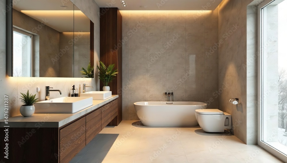 Modern bathroom with large mirror, stylish lighting, and sleek fixtures , architecture, renovation Modern bathroom with large mirror, stylish lighting, and sleek fixtures , architecture, renovation