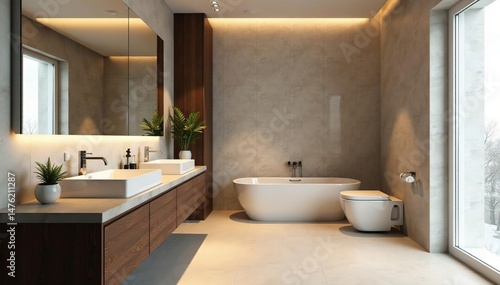 Wallpaper Mural Modern bathroom with large mirror, stylish lighting, and sleek fixtures , architecture, renovation Torontodigital.ca