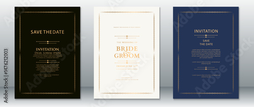 Elegant Wedding Invitation Set with Gold Chain Border on Dark and Light Backgrounds