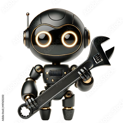 Cute 3D black robot with golden eyes holding adjustable wrench in side view isolated on white background