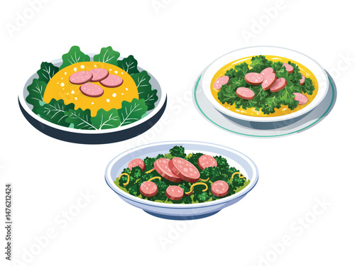 vector illustration of a german food Grünkohl mit Pinkel (Kale Stew with Smoked Sausage from Northern Germany)