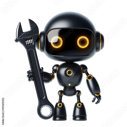 Cute 3D black robot with golden eyes holding adjustable wrench in side view isolated on white background