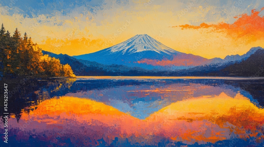 Fototapeta premium Vibrant sunrise paints Mount Fuji's reflection on a calm lake.