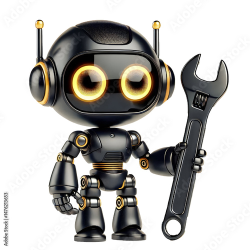 Cute 3D black robot with golden eyes holding adjustable wrench in side view isolated on white background