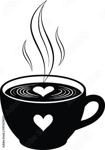 Steaming Coffee Cup with Heart - Black and White Vector Illustration