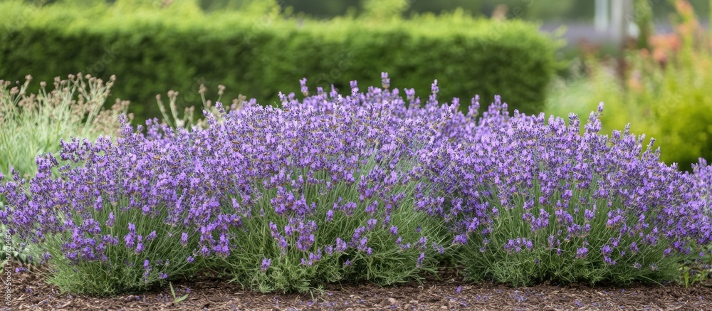 Obraz premium Beautiful Lavender Blossoms in a Lush Garden Setting with Green Hedge