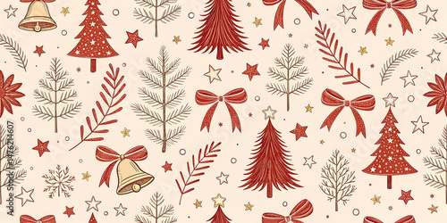 Seamless Vintage Christmas Pattern with Holiday Symbols and Festive Decorations
