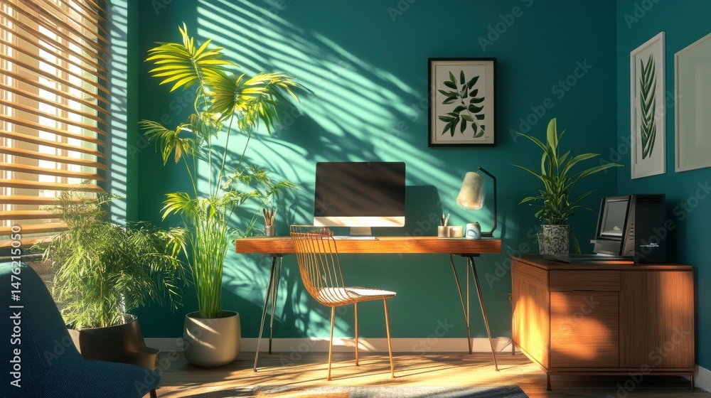 Fototapeta premium Sunlit home office with teal walls, plants, wooden desk, and chair.