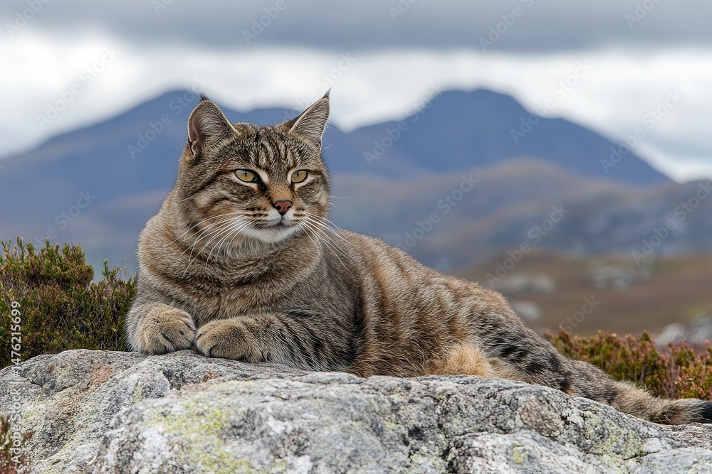 Fototapeta premium Majestic tabby cat lounging on a rocky outcrop with mountains in the background under cloudy skies