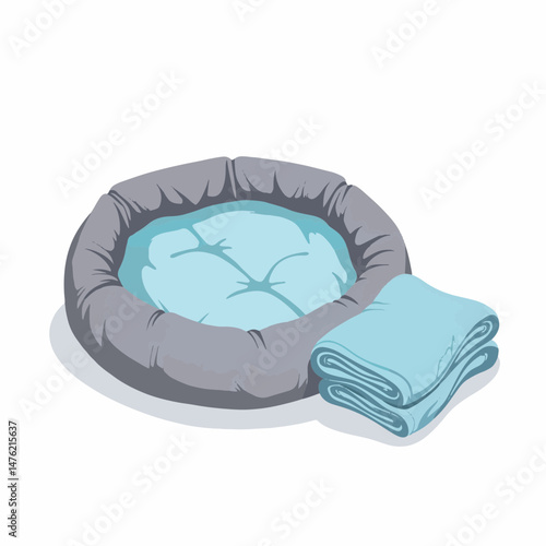 Cozy dog bed with folded blanket on white background, comfort concept