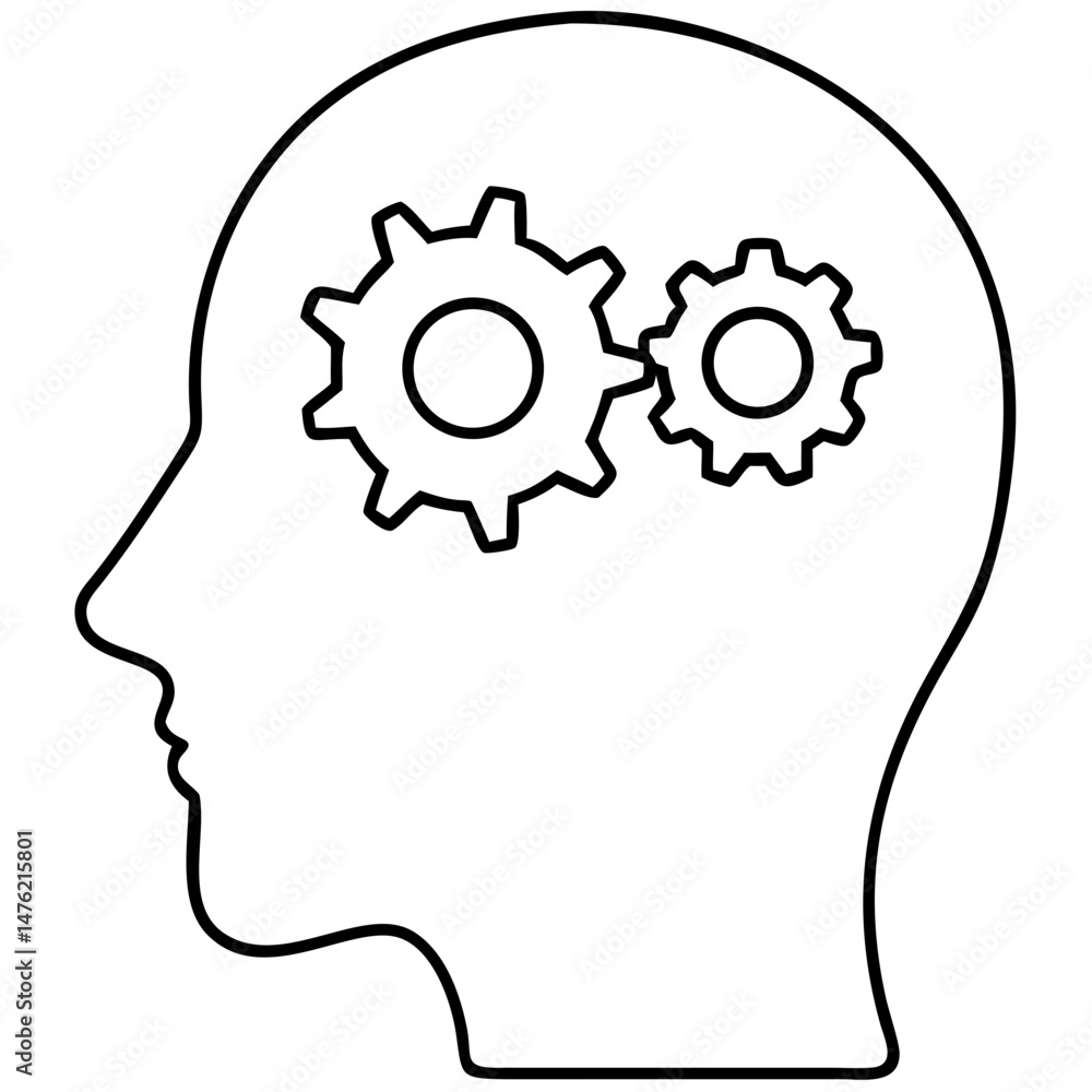 Conceptual silhouette design illustrating a head with gears and mental processes for ideas Conceptual silhouette design illustrating a head with gears and mental processes for ideas