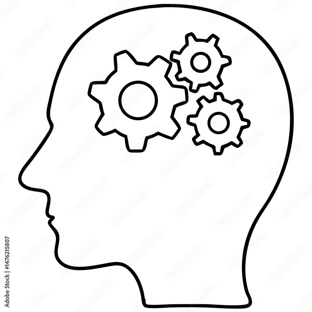 Creative silhouette design of head with gears representing mental processes Creative silhouette design of head with gears representing mental processes