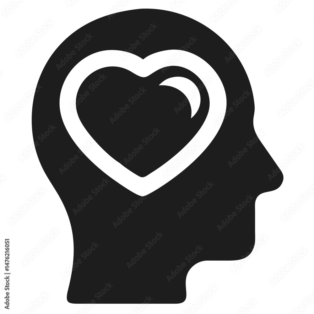 Human head silhouette with heart symbol conceptual design with loving thoughts Human head silhouette with heart symbol conceptual design with loving thoughts