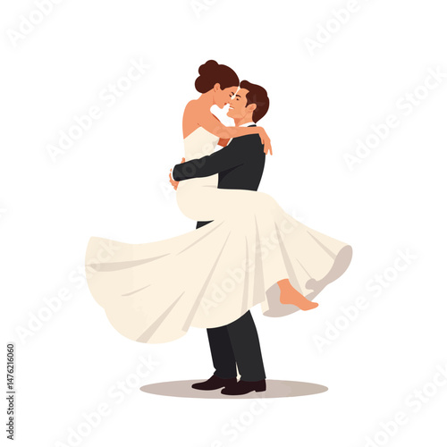 Groom lifting bride in arms on white background, celebration of love