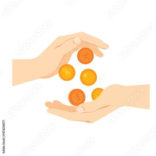 Hands counting coins in minimalist design, concept of savings