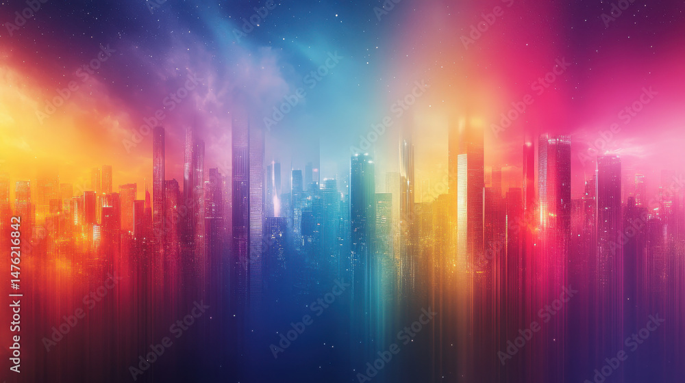 Vibrant Rainbow Cityscape at Night Glowing Buildings and Colorful Lights Vibrant Rainbow Cityscape at Night Glowing Buildings and Colorful Lights