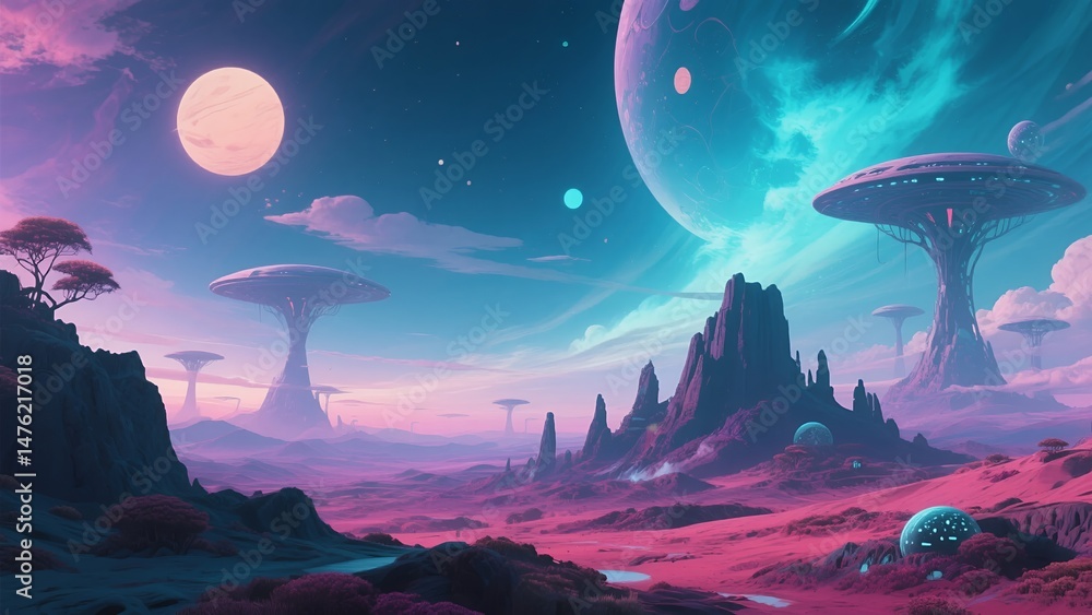 Fototapeta premium Fantasy Landscape Background With Clouds And Planets