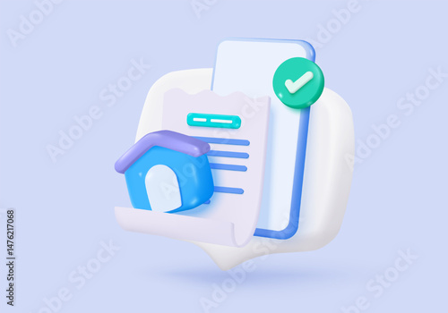 3D bill icon for payment transaction with notice. paper receipt real estate for personal loan. mortgage housing to money, rental property of financial. 3d residence icon vector render illustration