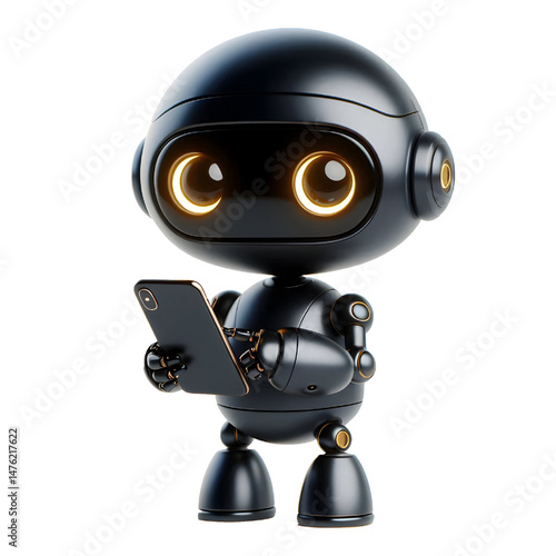 Cute 3D black robot with golden eyes holding phone in side view isolated on white background