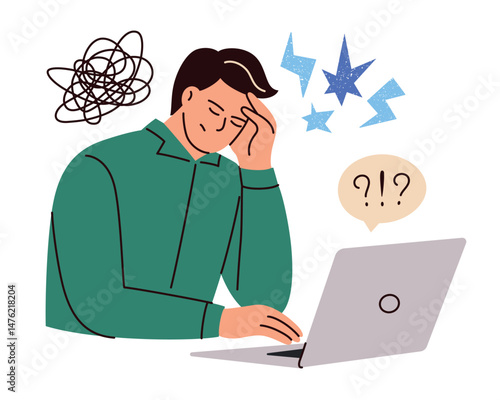 Flat cartoon vector illustration of man at workplace feeling stress and burnout. Sitting at laptop, holding head in frustration. Work pressure, mental fatigue, job overload, emotional exhaustion